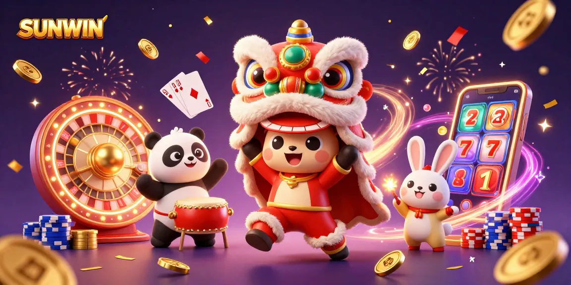 SUNWIN celebrates with vibrant lion dance characters and casino-themed elements in a lively illustration.
