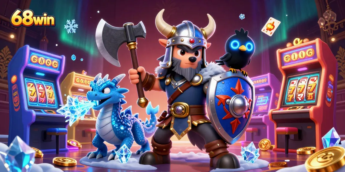 Experience thrilling action with 68win's vibrant gaming elements like slot reels, cards, and stunning characters!