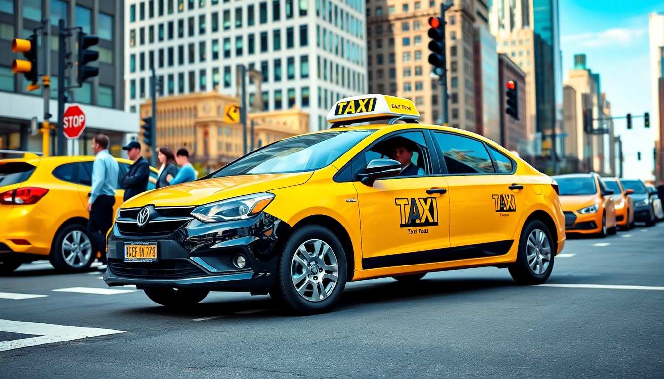 Taxi cab navigating a busy urban street with diverse passengers entering and exiting.