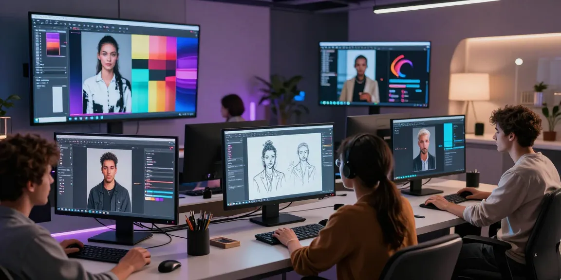 NSFW AI character design session featuring diverse designers collaborating with holographic displays in a modern studio.