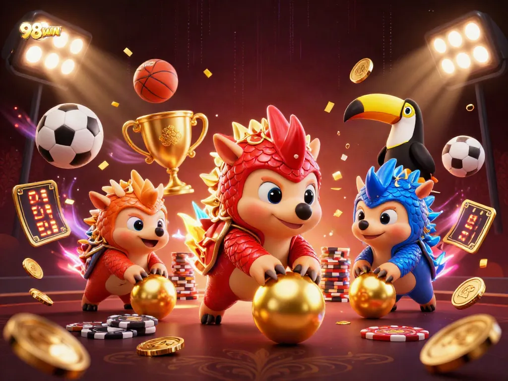 Compete with 98WIN's rival pangolins in a dynamic, vibrant casino scene filled with action.