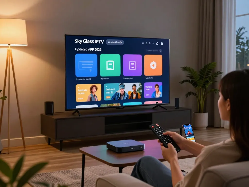 Sky Glass IPTV Updated APP 2026 streaming on a modern living room TV, user enjoying a cozy setup.