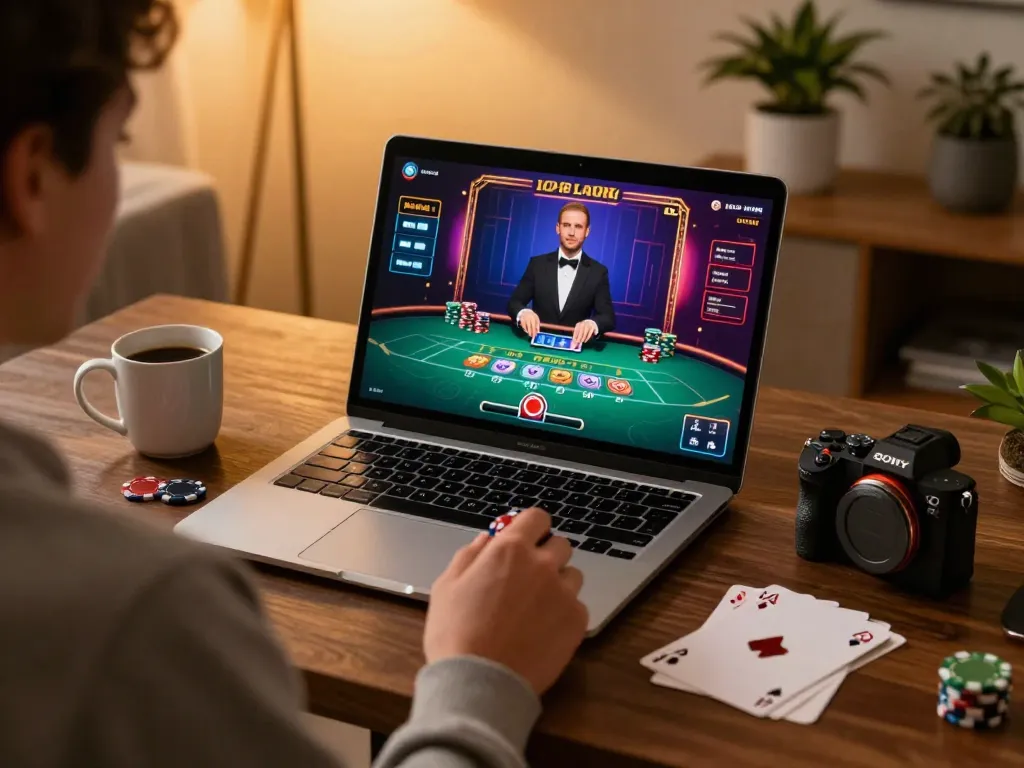 Engaging in blackjack on nhà cái hbet with live dealer on a laptop, warm home atmosphere.