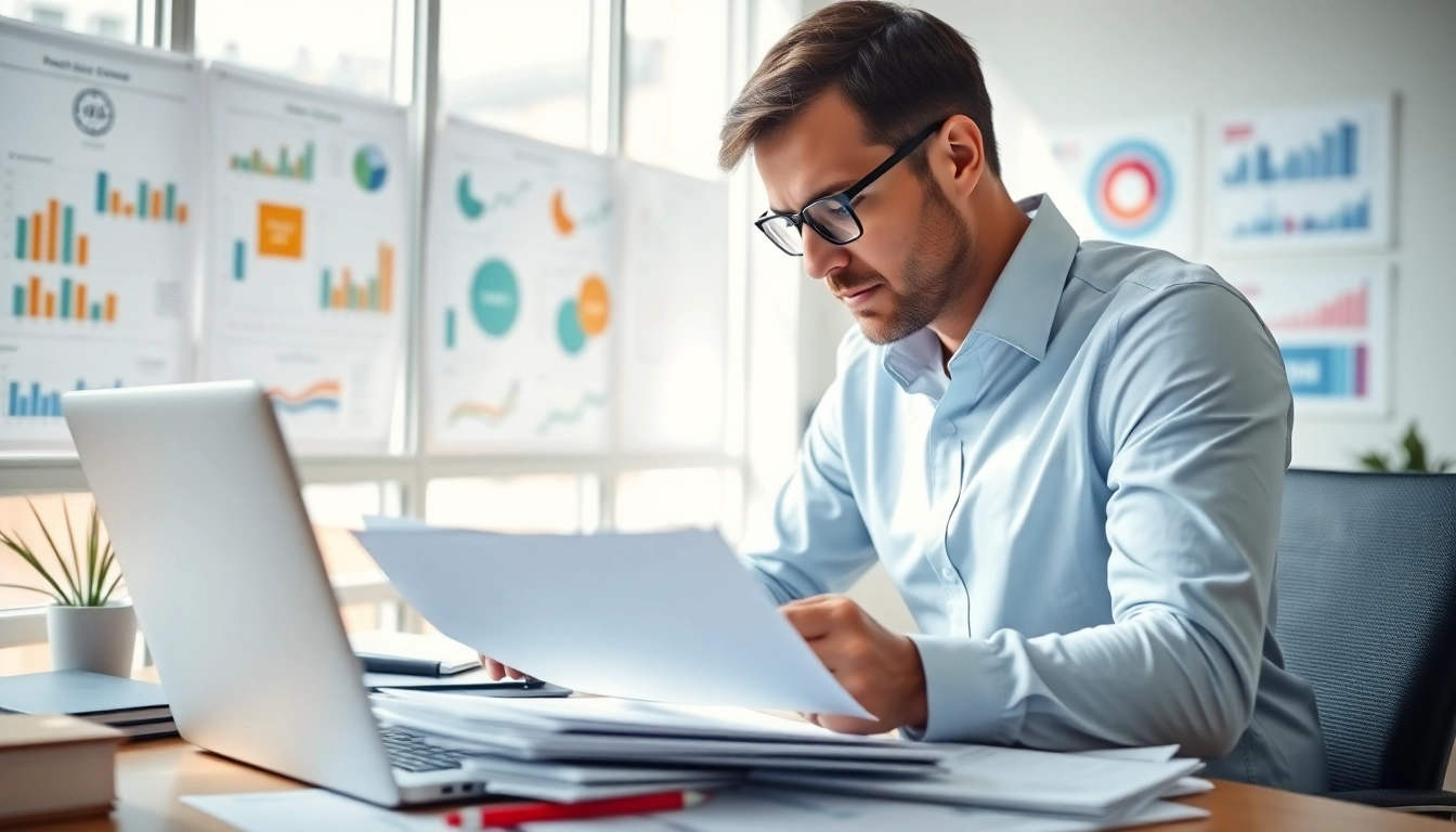 Analyze grants applications in a modern office space with colorful charts and bright lighting.