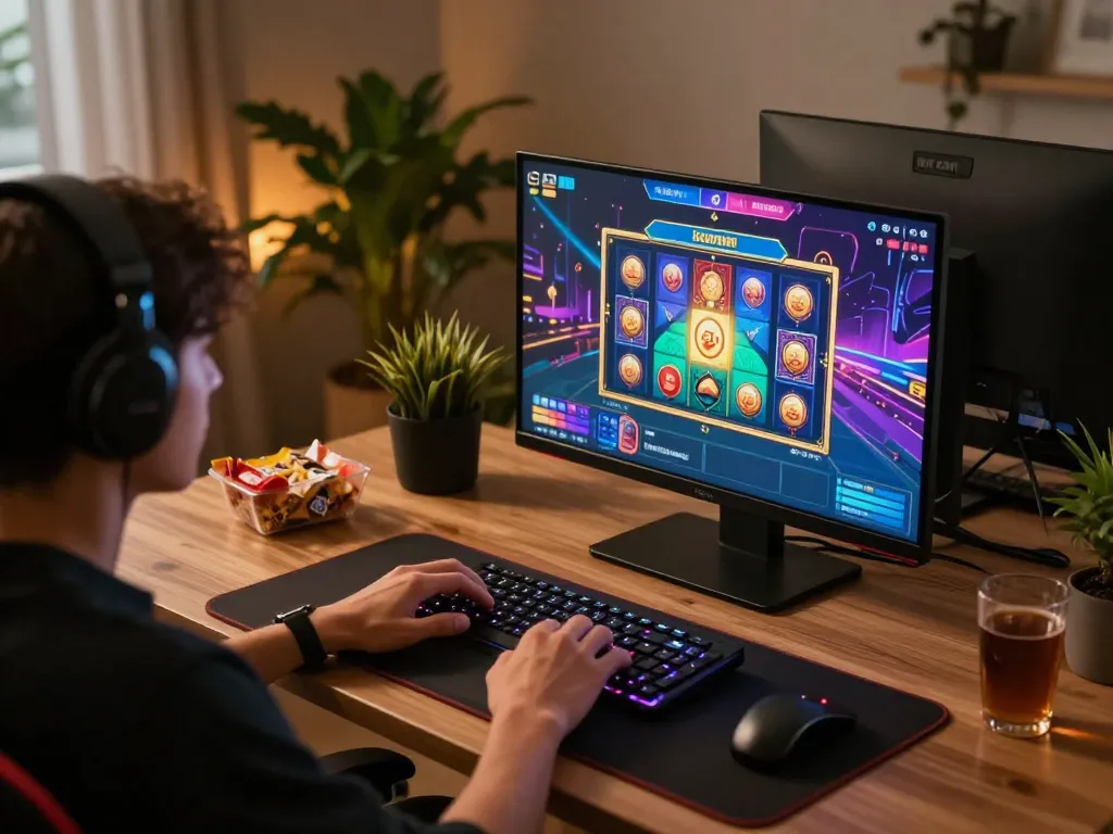 Engaged player accessing 1gom interface on laptop, showcasing online gaming experience.
