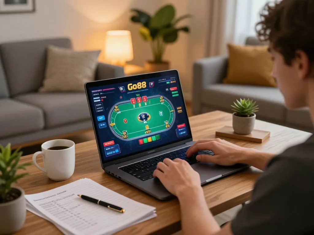 Engaging in Go88 online poker in a cozy home setting with strategic planning elements.