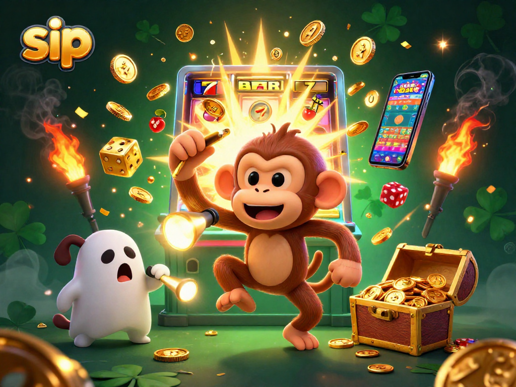 sip your way to excitement with a poltergeist monkey juggling casino treasures in a haunted setting