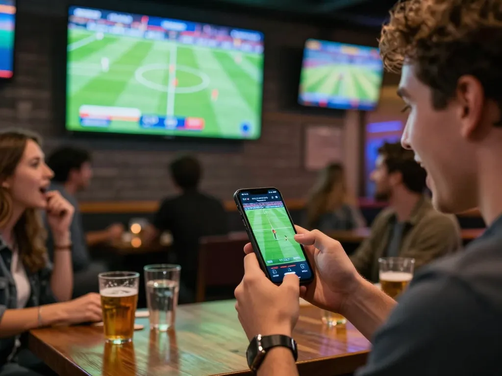 Xoilac users enjoying sports betting action while placing live bets on their smartphones in a bustling sports bar.