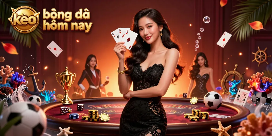 Bet on kèo bóng đá hôm nay with an elegant Asian woman holding playing cards amidst dynamic sports elements.