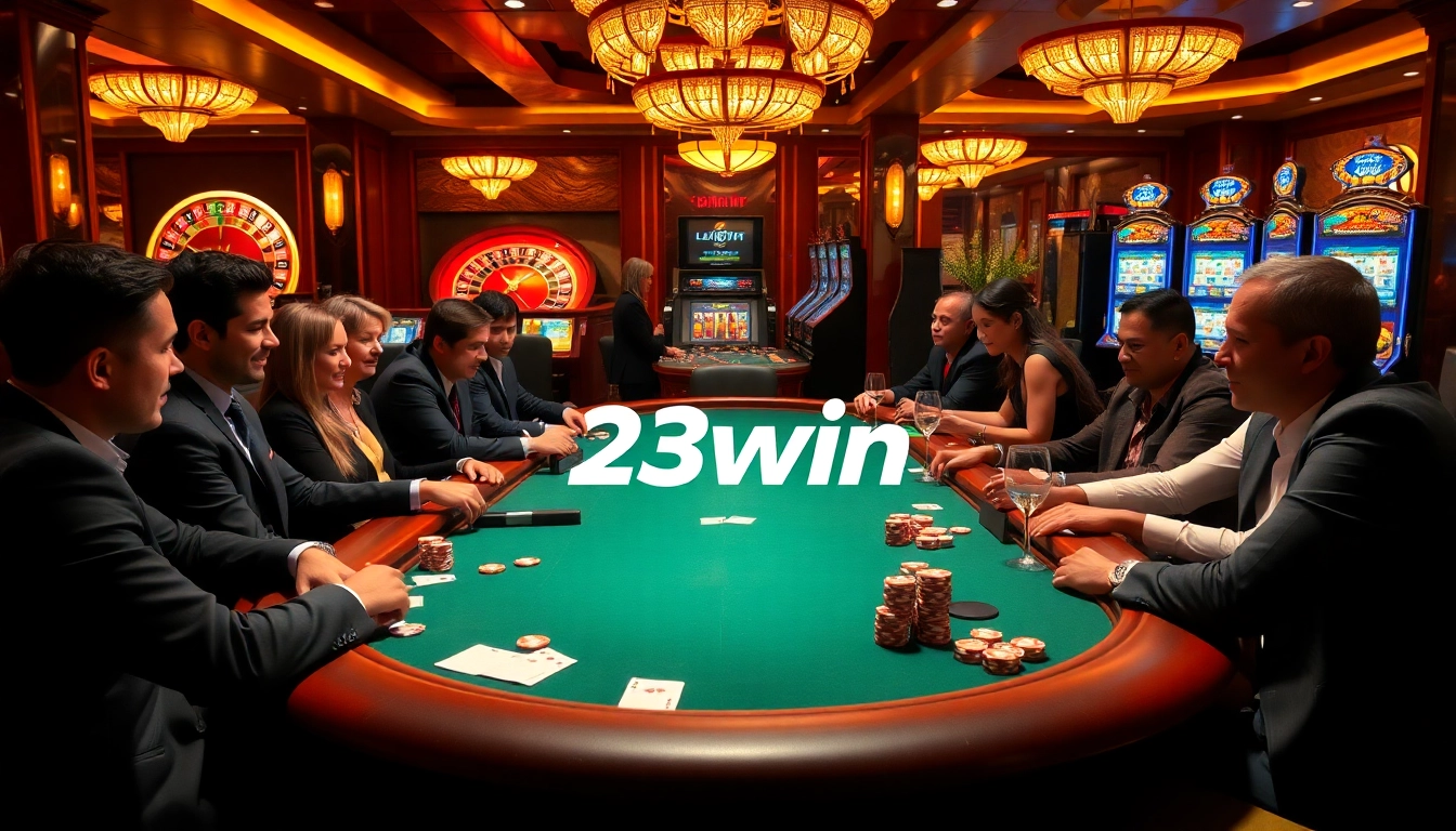 Players strategizing in an upscale poker game at 23win casino, with colorful chips and roulette in view.