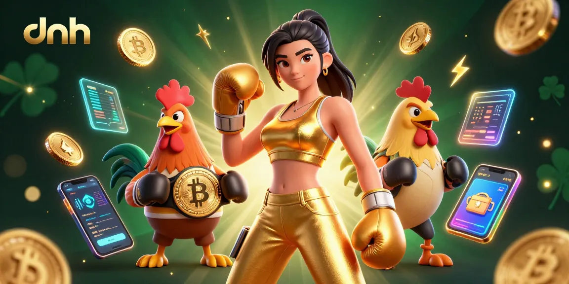 Join the excitement at dnh with a 3D illustration featuring a boxer in a powerful pose surrounded by crypto coins and vibrant casino elements.