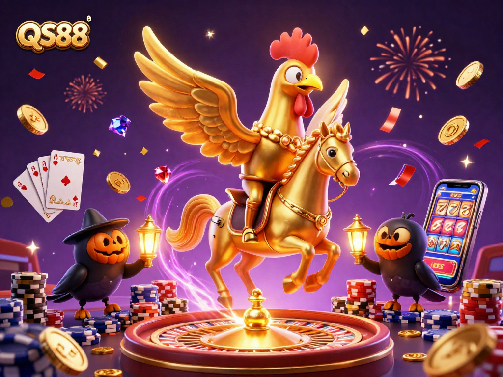 Experience exciting gameplay at QS88 with a vibrant casino scene featuring dazzling elements and thrilling characters.