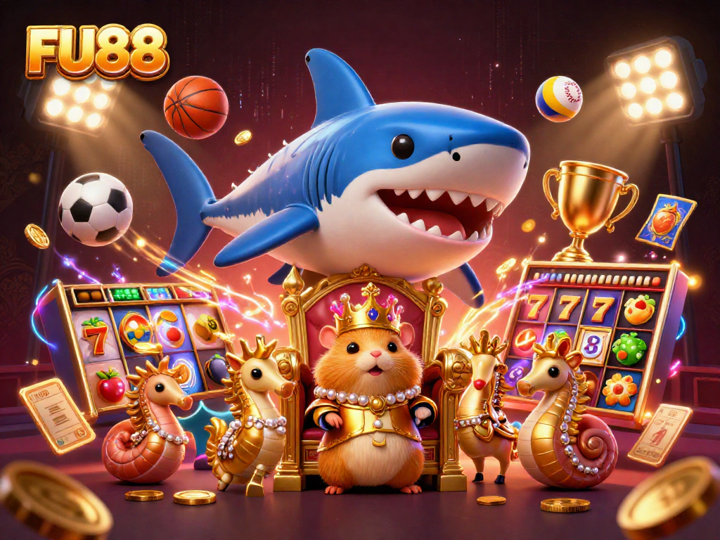 Experience the excitement at FU88 with a golden hamster king in a vibrant casino-themed scene.