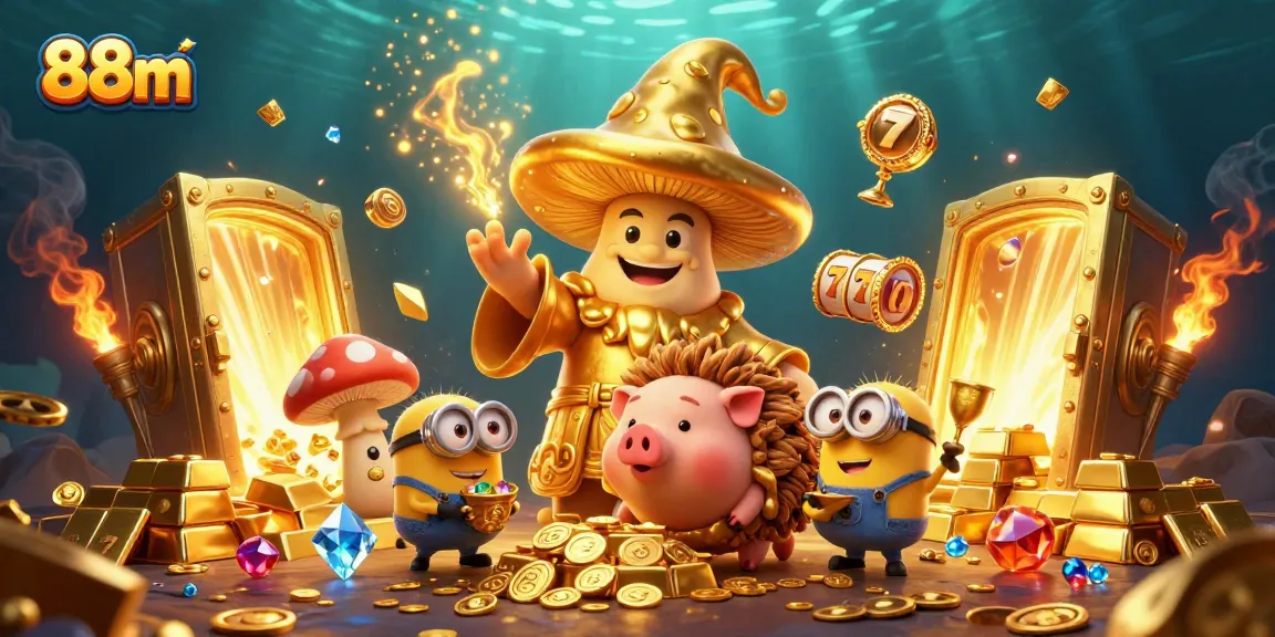 Experience thrilling slots and treasure hunts with characters from 88m in this dynamic 3D illustration.