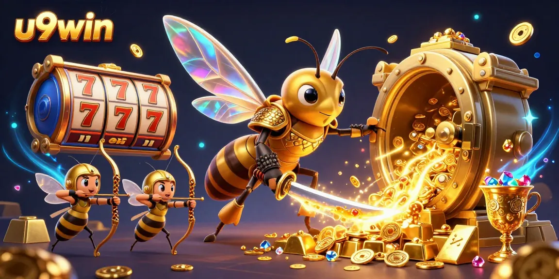 Engaging illustration of u9win showcasing a golden hornet samurai amidst a vibrant casino theme.