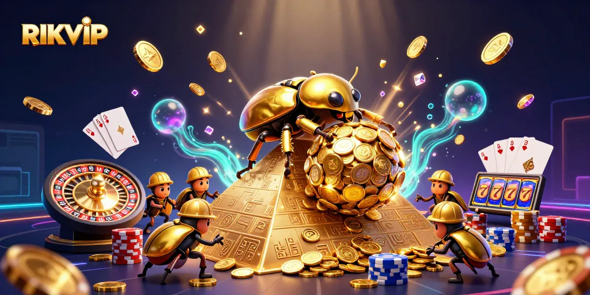 Experience RIKVIP's exciting gambling universe with vibrant visual elements featuring coins, cards, and more!