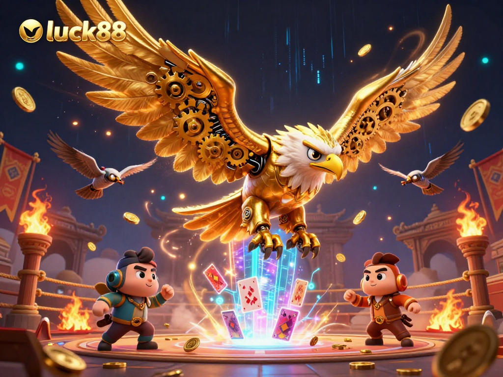 Experience thrilling gameplay at luck88 with a dazzling scene of a golden eagle amidst holographic cards and vibrant casino elements.