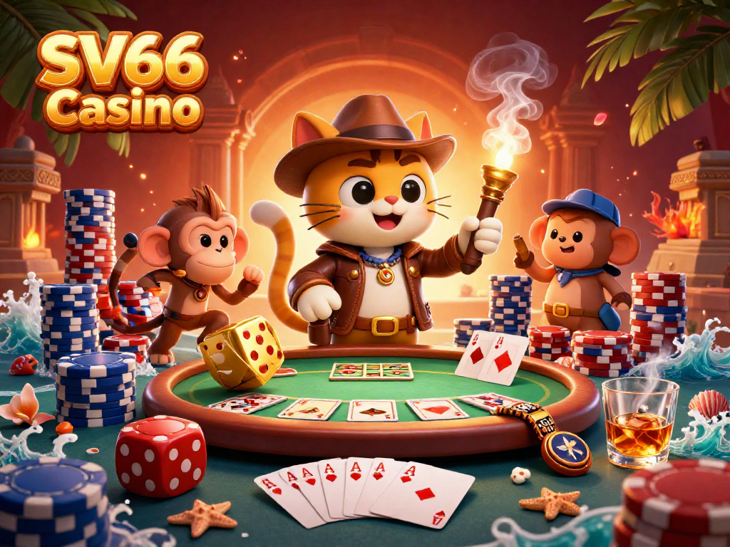 Experience the thrill of SV66 Casino with a vibrant scene of an explorer cat discovering a golden artifact.