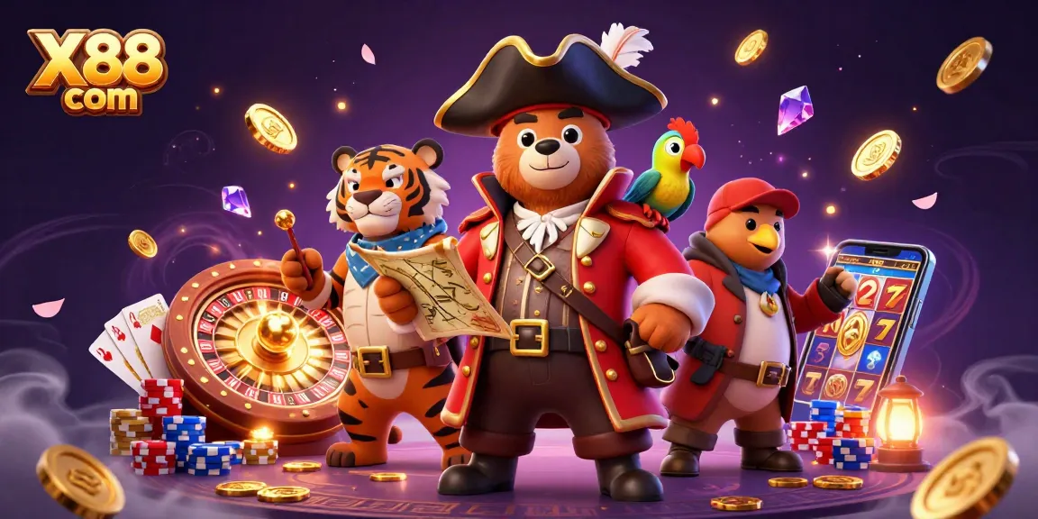 X88 com showcases a thrilling casino adventure with a pirate captain bear and tiger amidst treasures and gaming excitement.