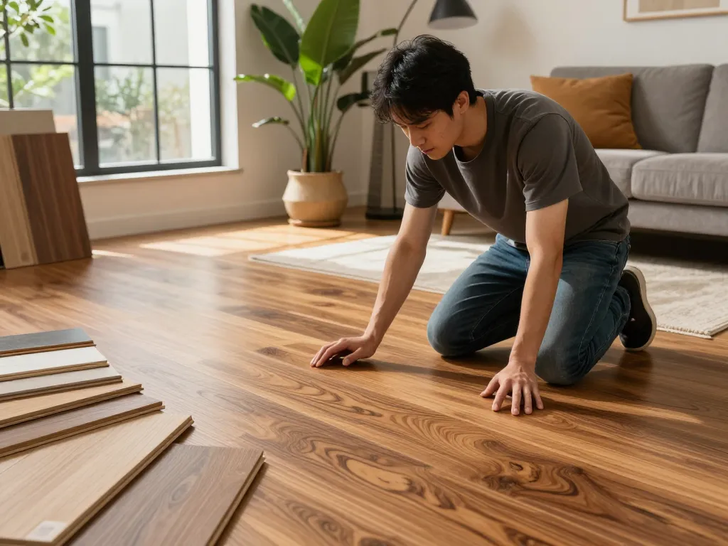 Flooring specialists near me inspecting hardwood flooring samples in an inviting home setting