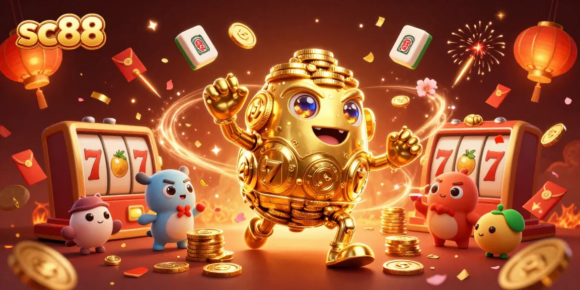 Experience the excitement of sc88 with vibrant slot reels and a golden golem in a dynamic casino scene.