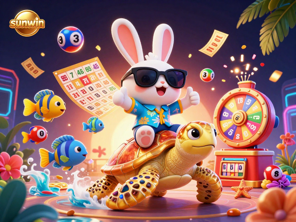 Experience sunwin with vibrant lottery excitement featuring a lucky rabbit and sea turtle in a colorful scene.
