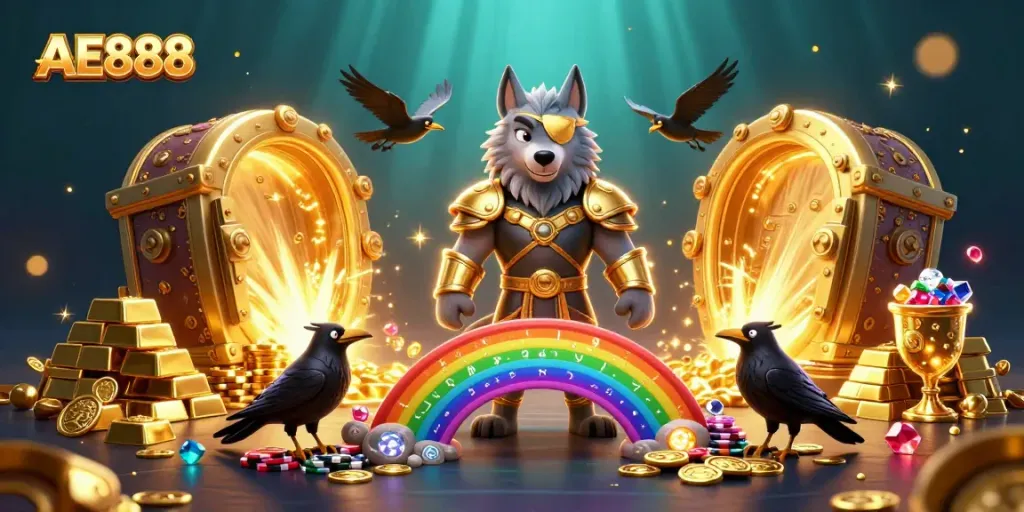 Experience thrilling gaming with AE888, featuring mythical characters amidst vibrant treasures and casino chips.
