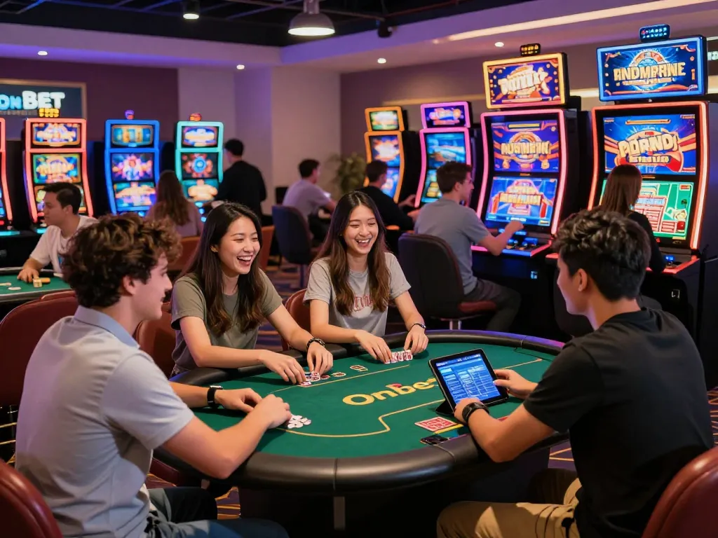 Engaged players experiencing the excitement of Onbet.com in a lively casino environment with poker and sports betting activities.