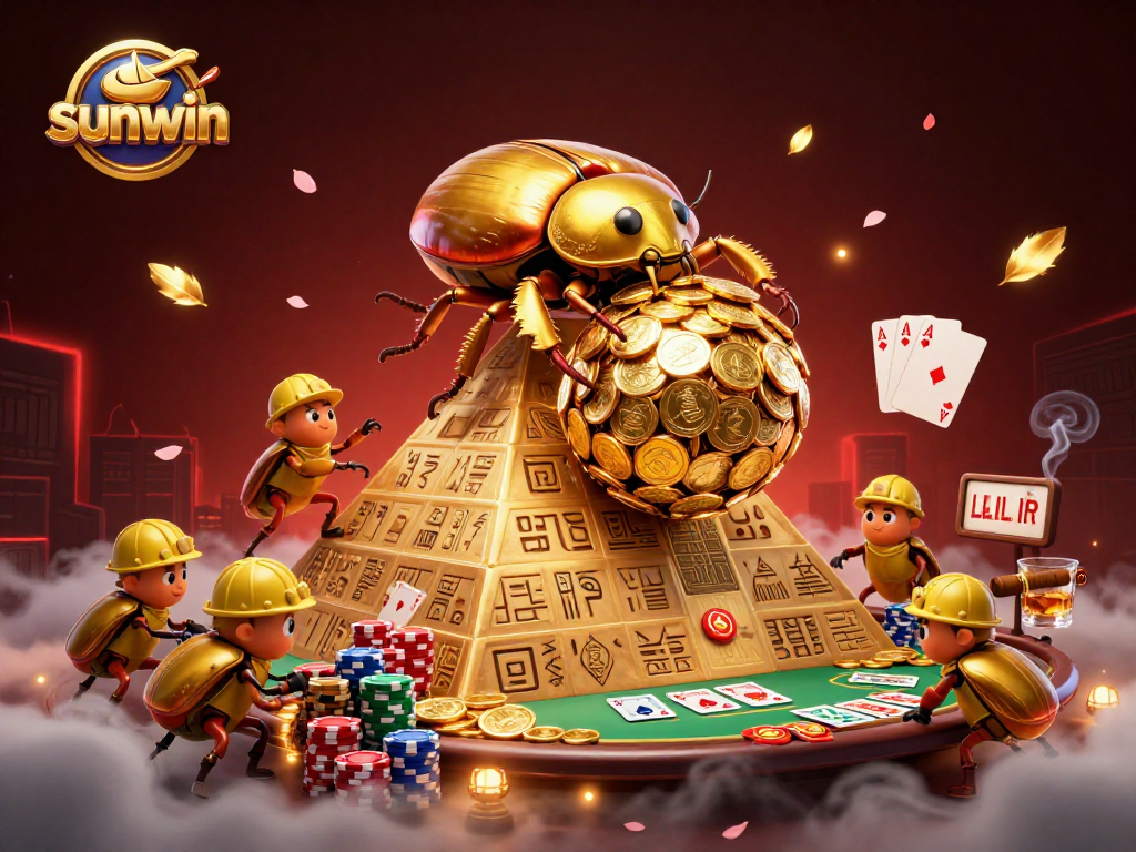 Engage with the sunwin adventure, featuring a golden dung beetle among casino treasures.