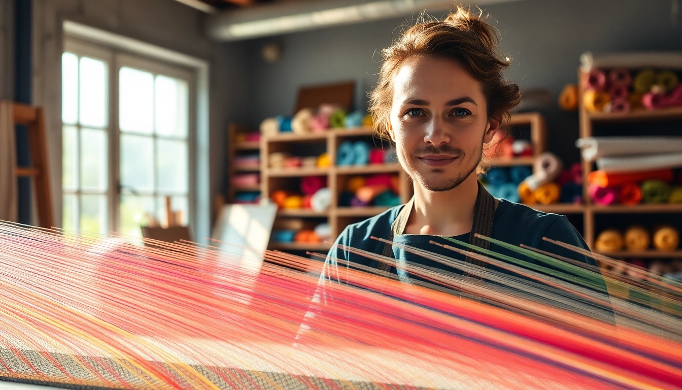 Creëer kunstwerken met viscose draden in een sfeervolle studio met kleurrijke stoffen.
