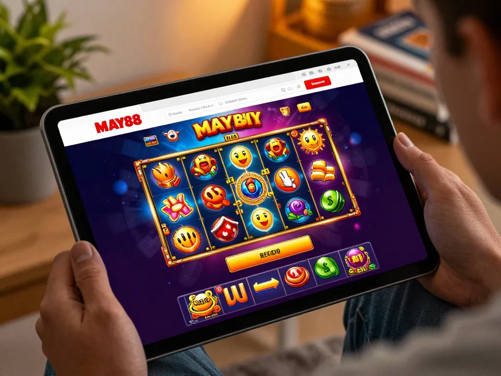 MAY88 online gaming experience with vibrant slot visuals and user-friendly interface in a cozy home setting