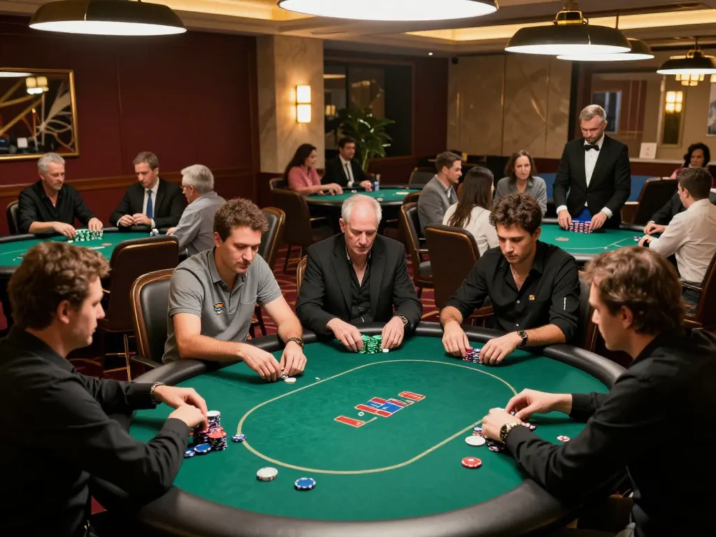 Xibet players strategizing at a poker table, enhancing their winning skills in a luxurious casino setting.