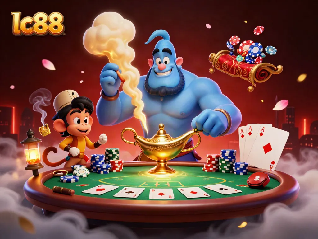 Experience the thrill of lc88 with a dynamic casino scene featuring a genie and poker elements.