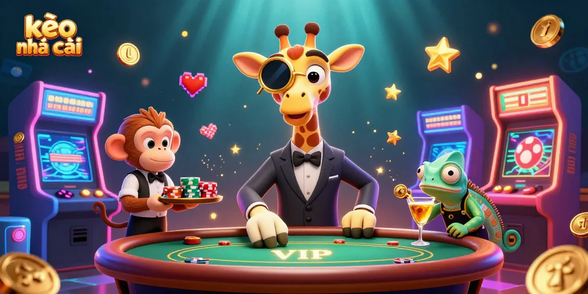 Bet on kèo nhà cái with a vibrant animated scene of a giraffe, monkey, and chameleon celebrating around casino games.