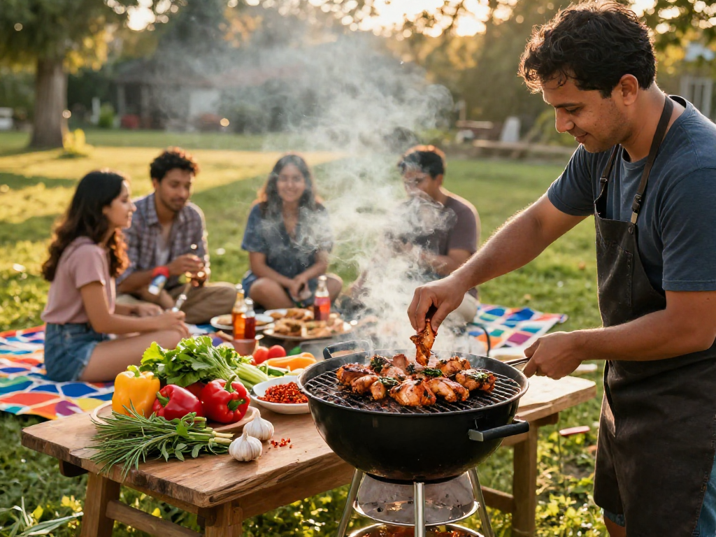 Delicious grilled chicken marinated with spices at https://sambalrawitankoko.com family barbecue, vibrant ingredients and summer atmosphere