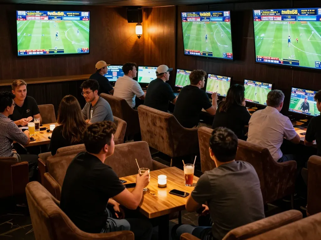 Engaging sports betting atmosphere at twiin68 with active bettors and live game screens.