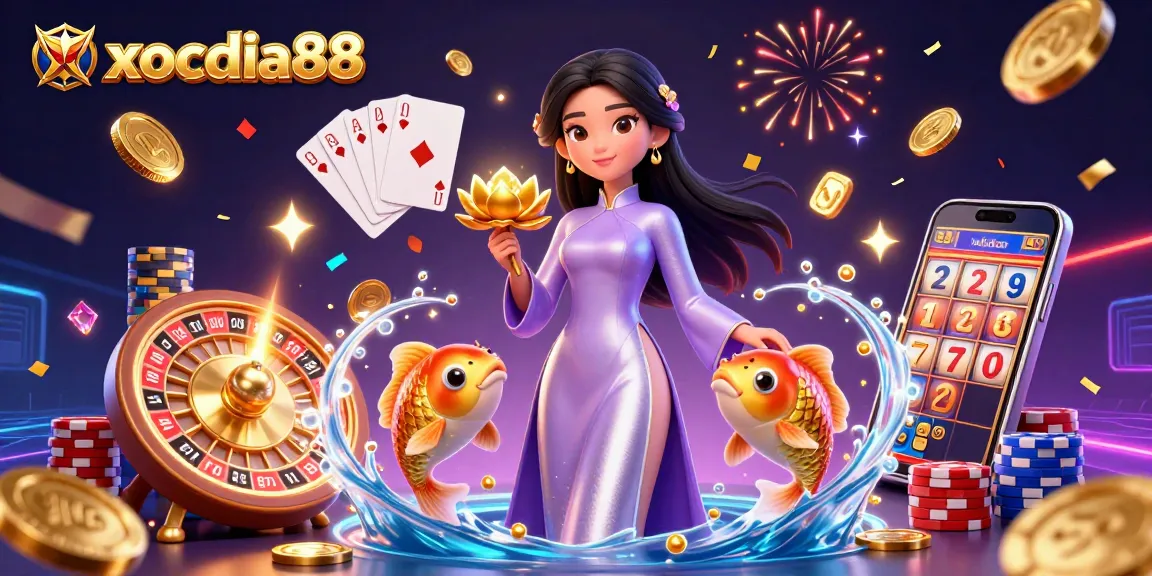 xocdia88 engages users with vibrant 3D casino elements, featuring an Asian woman and golden koi fish in a dynamic gaming scene.