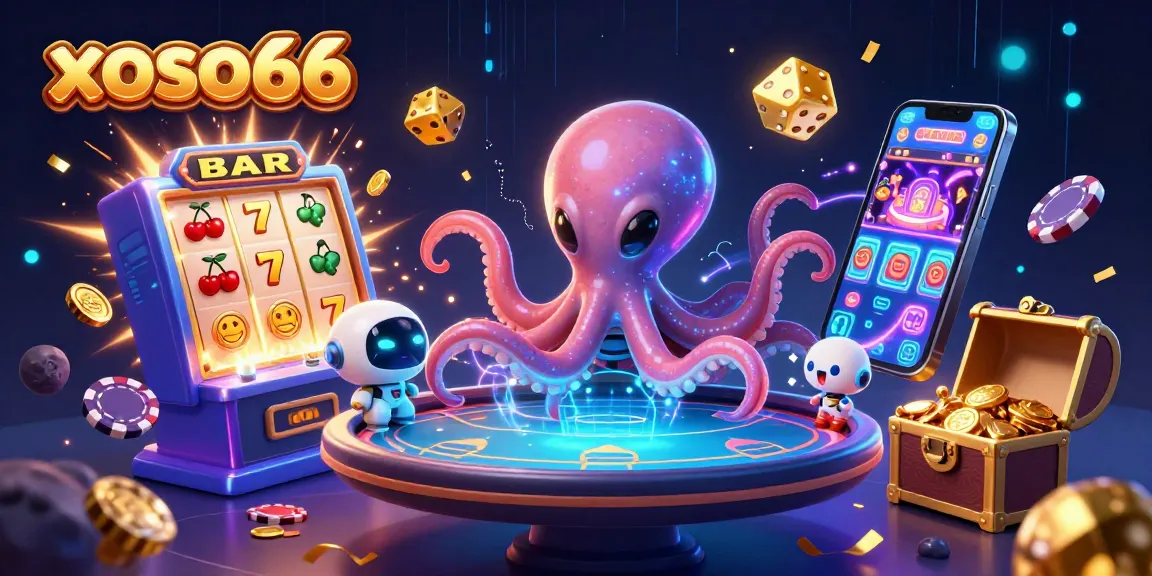 Xoso66's alien octopus runs a thrilling poker game with orbiting chips and jackpots.