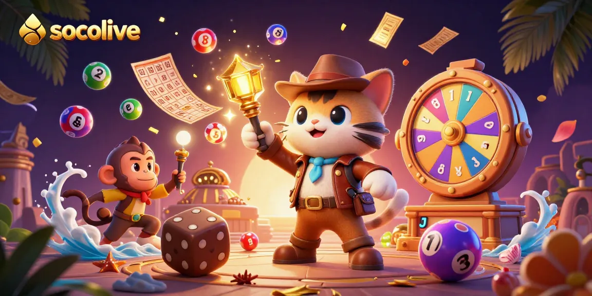 Socolive's dynamic scene showcases an archaeologist cat discovering a golden artifact amid vibrant gambling elements.