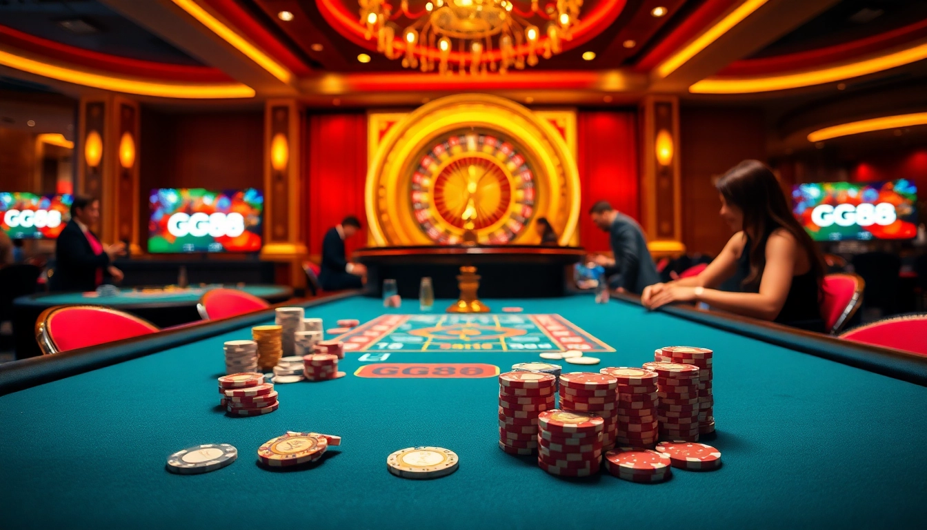 Experience thrilling gaming activities at GG88's casino table with vibrant chips and cards.
