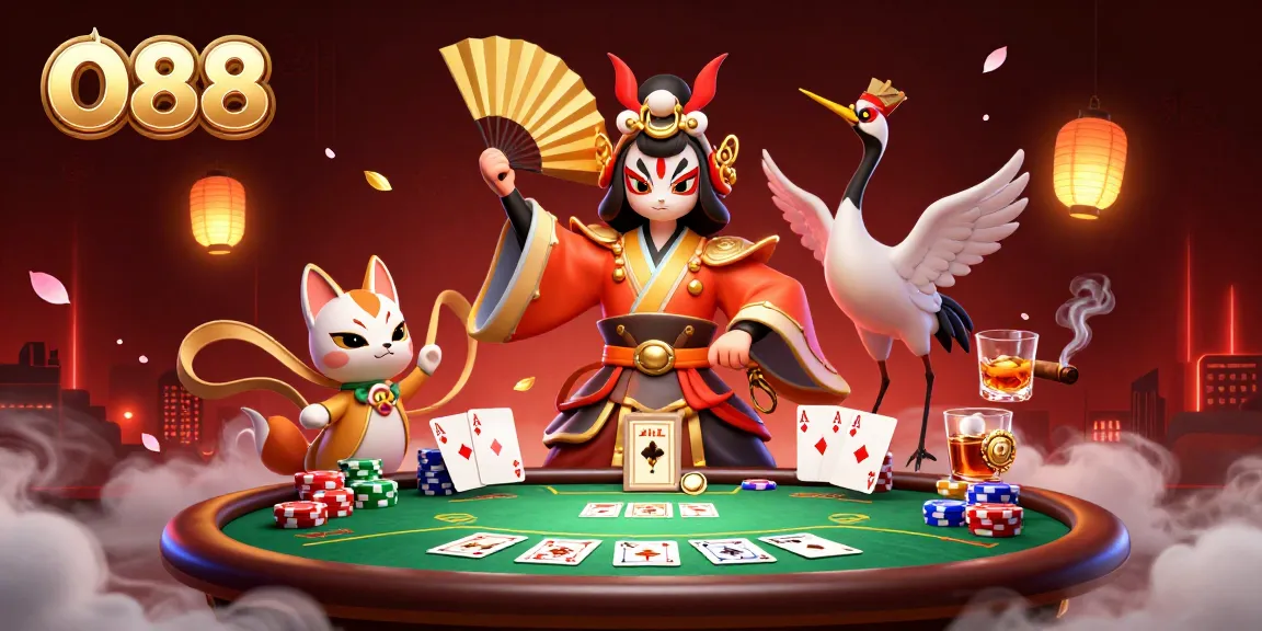 Experience thrilling gaming at O88 with vibrant 3D illustrations featuring kabuki warriors and poker elements.