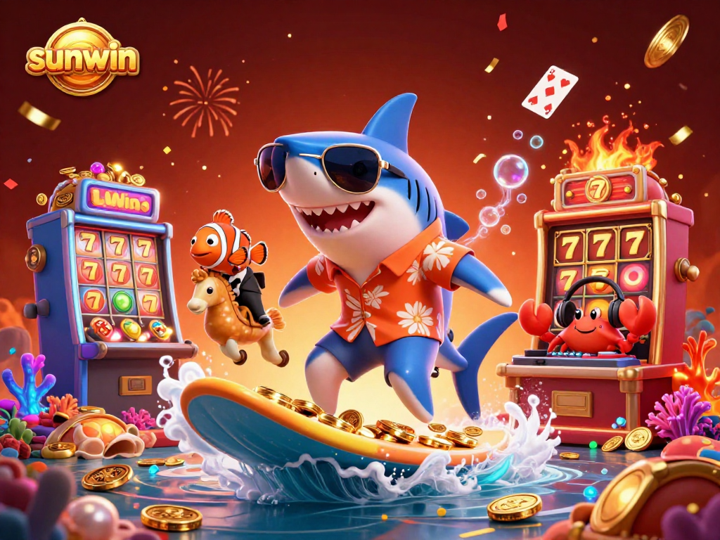 Experience the thrilling sunwin jackpot with an energetic underwater casino scene featuring a shark, clownfish, and crab.