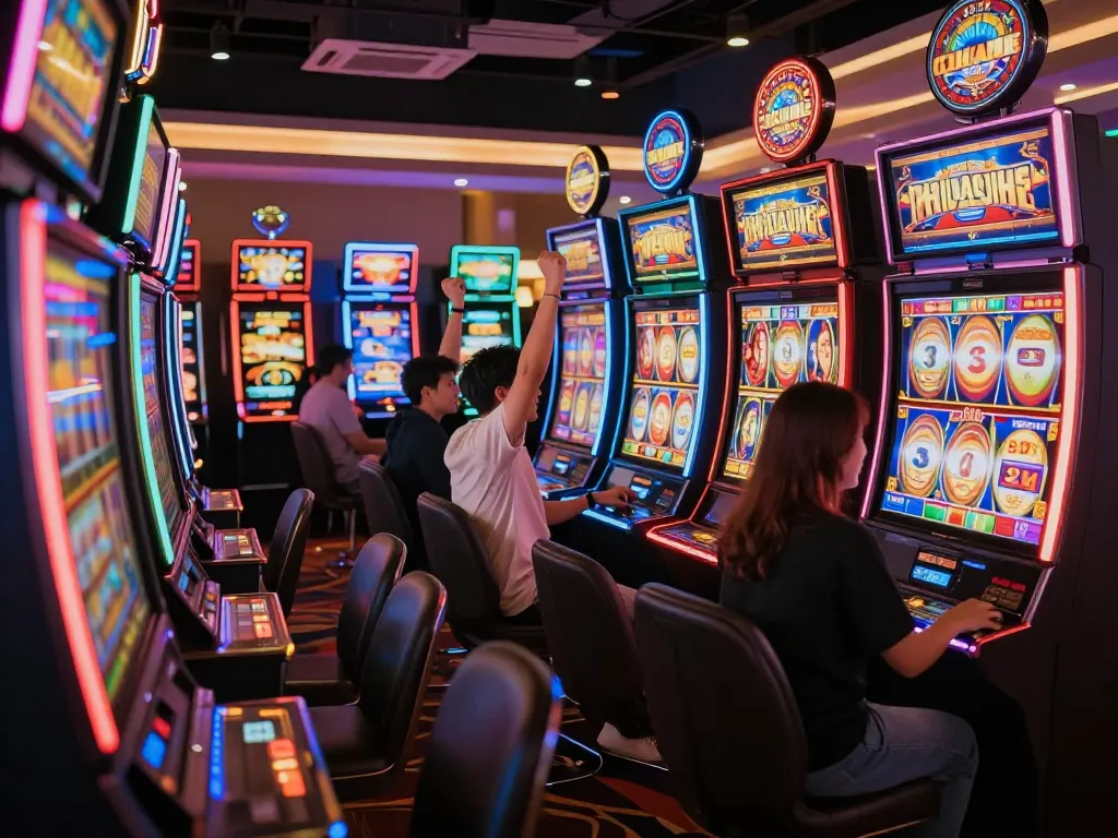 Engaging scene of vibrant Slot Malaysia gaming with players celebrating wins at colorful slot machines.