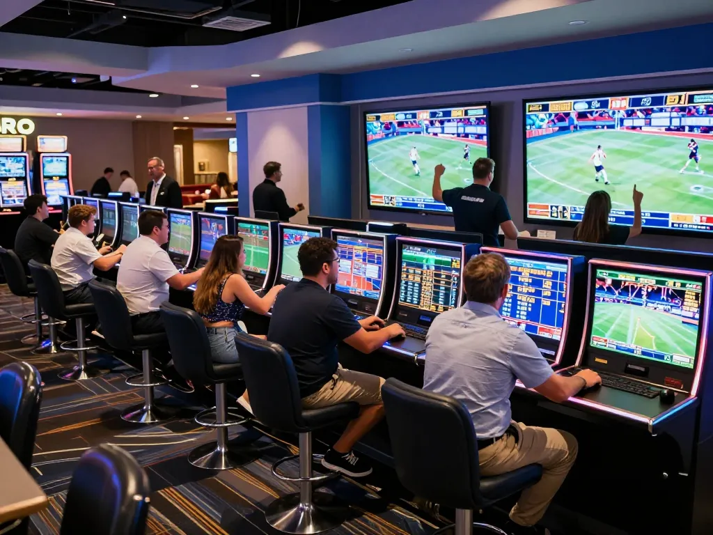 Enthusiastic patrons placing bets at 8live sports betting lounge, celebrating excitement shared
