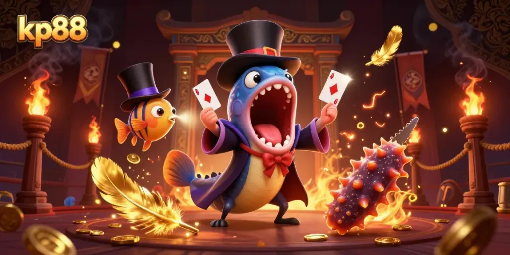 Experience thrilling card tricks at kp88 with a bioluminescent eel magician and anglerfish spotlighting the magic.
