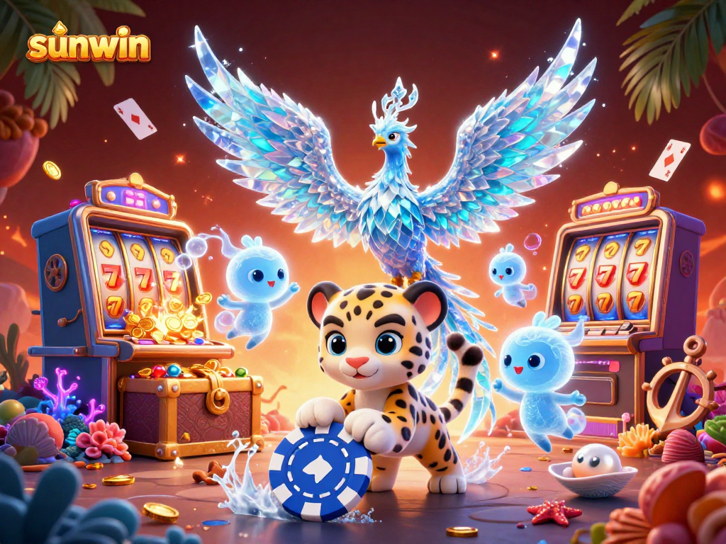 Engage with the enchanting scene of sunwin, featuring an ice phoenix and a snow leopard cub amidst vibrant casino elements.