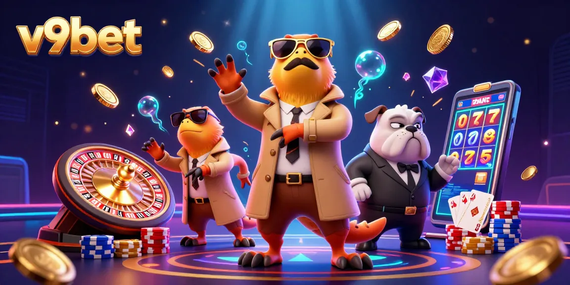 Win big at v9bet with playful raptors sneaking into a VIP lounge, surrounded by casino elements.
