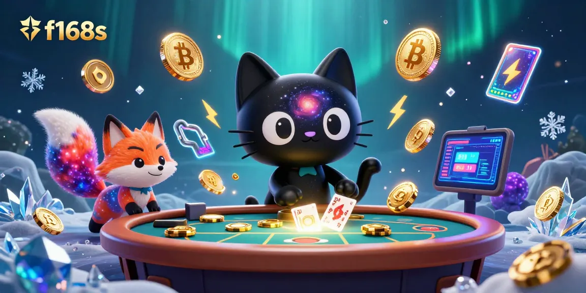 Win big at f168s with a cosmic casino experience featuring a black hole cat and colorful fox.