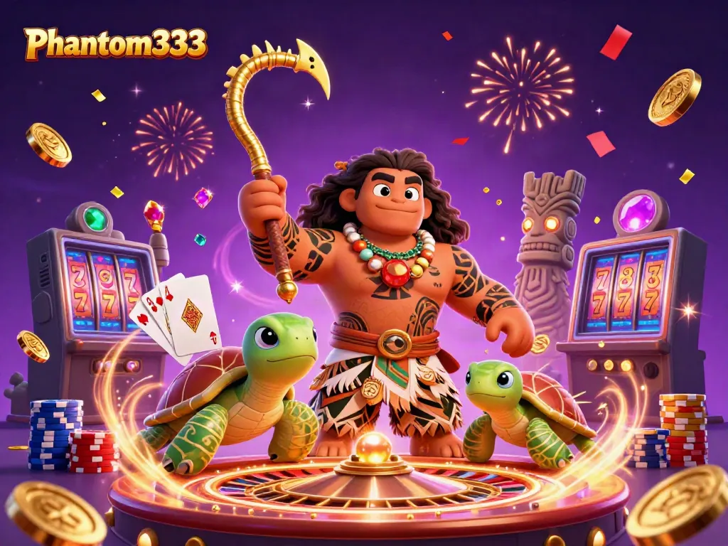 Engage with Phantom333 through dynamic gameplay featuring vibrant characters and casino elements like roulette and poker.