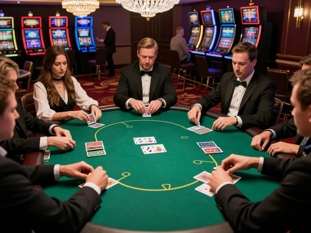 Max88 poker game highlights a winning hand at a luxurious casino table with players engaged.